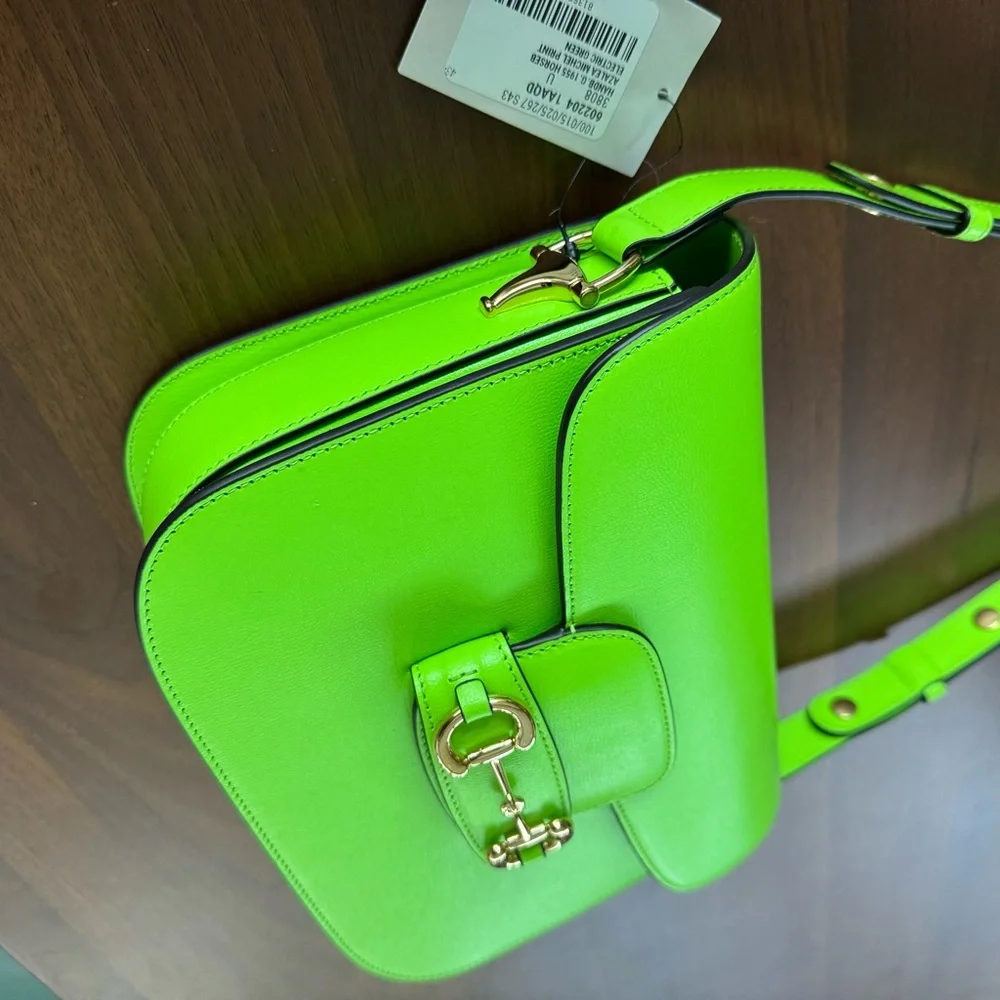 Gucci Horsebit 1955 Shoulder Bag Purse Neon Green Leather NWT Pristine Rare